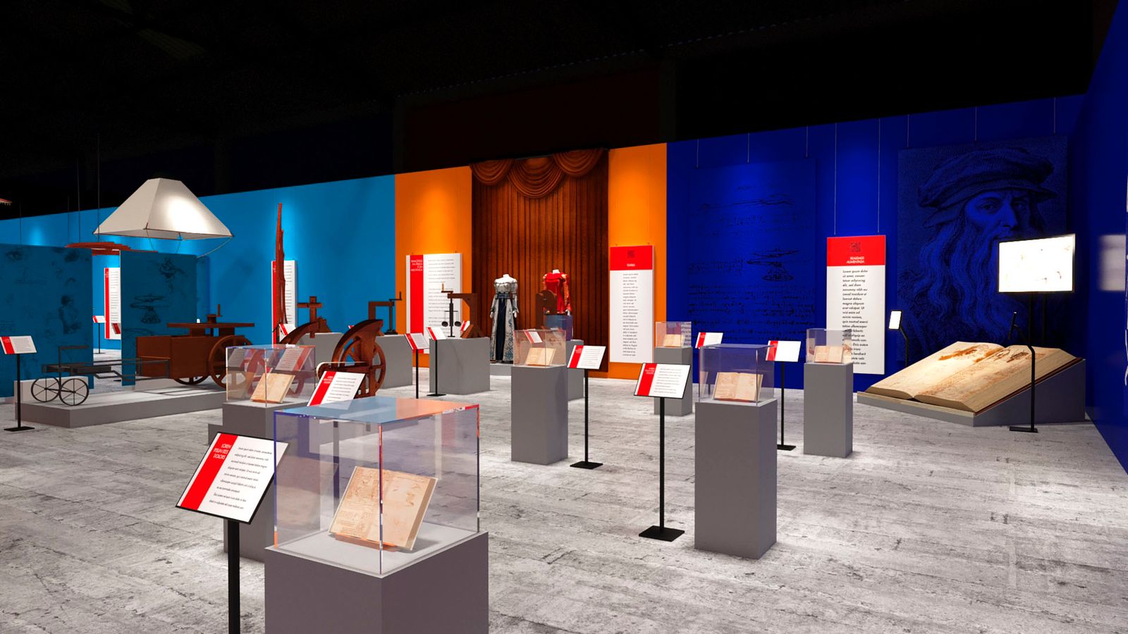 Foto da reprodução da sala de exposição em 3D com paredes coloridas e esculturas espalhadas ao redor da sala