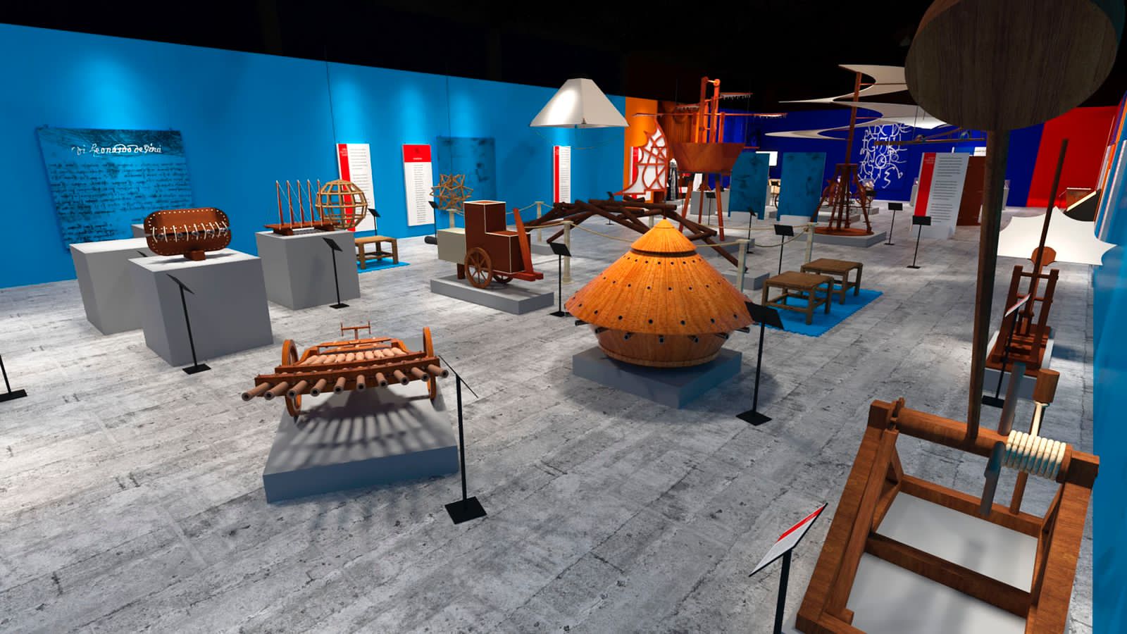 Foto da reprodução da sala de exposição em 3D com paredes coloridas e esculturas espalhadas ao redor da sala