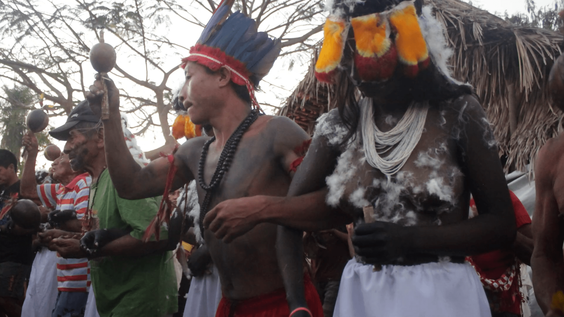 Diversas pessoas estão unidas pelos braços fazendo um movimento de dança. Algumas delas usam cocar e seguram um instrumento nas mãos.